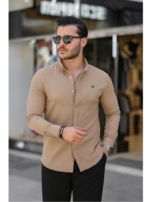 Comstar Erkek Basic Slim Fit Uzun Kol Bej Dar Kot Gömlek