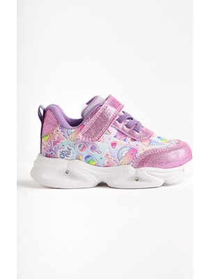 Limoya Donika Pembe Çizgi Karakter Baskılı Simli Işıklı Bebe Spor Ayakkabı
