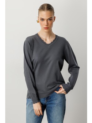 Accort V Yaka Angora Triko Kazak-Fume