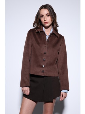 Antioch Kadın Kahve Gömlek Yaka Kısa Kaşe Ceket Rahat Kalıp ile Şık Günlük Tarz