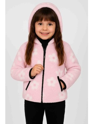 Dublino Kids Pembe Çiçekli Tek Üst Kız Çocuk Peluş Hırka