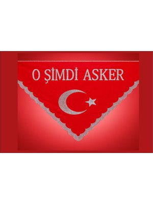 Matbaalife ''o Şimdi Asker'' Yazılı Pullu Asker Örtüsü  (Eldivenli) Kırmızı Renk  (Üçgen Şeklinde)