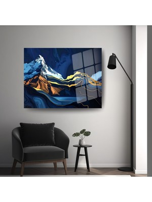Glitglass Soyut Dağ Manzarası Altın Yansımalı Mavi Temperli Cam Tablo - Lüks Salon Duvar Dekoru