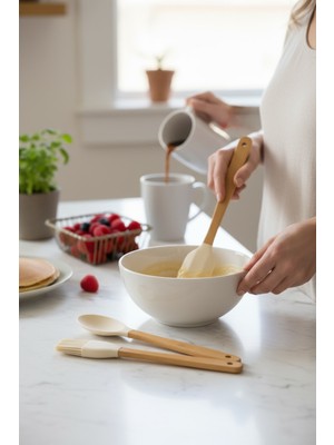 5'li Silikon Bambu Saplı Spatula Seti (Krem)