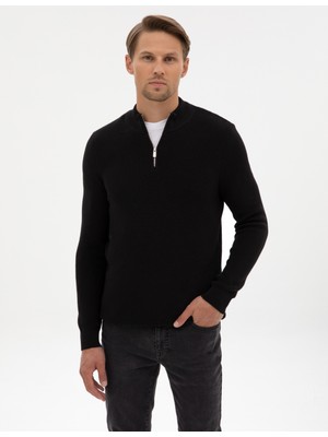 Pierre Cardin Erkek Siyah Slim Fit Dik Yaka Fermuarlı Triko Kazak 50317363-VR046