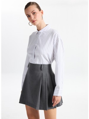 Fabrika Loose Fit Gömlek Yaka Çizgili Beyaz - Siyah Kadın Gömlek F5WL-GML0388