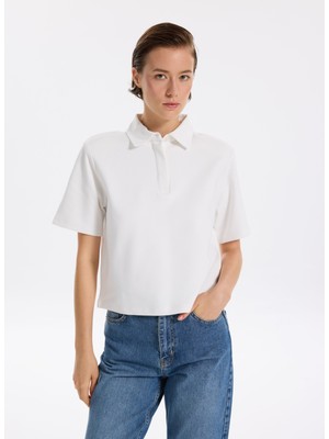 Fabrika Polo Yaka Düz Beyaz Kadın Bluz F5WL-TST0480