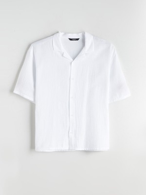 LC Waikiki Büyük Beden Erkek Gömlek Resort Yaka Kısa Kollu Beyaz Günlük Stil Müslin