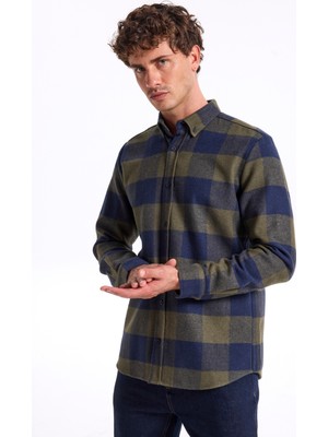 Fabrika Regular Fit Düğmeli Yaka Ekose Haki Erkek Gömlek cm Ryan D 253.