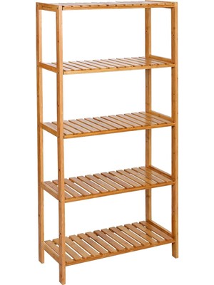 Banyo Rafı 5 Katlı Bambu Dik Raf 9 Seviyede Yüksekliği Ayarlanabilir Çok Fonksiyonlu, Oturma Odası, Koridor, Mutfak Için Uygun 60X26X130 cm Doğal Renk BCB35Y