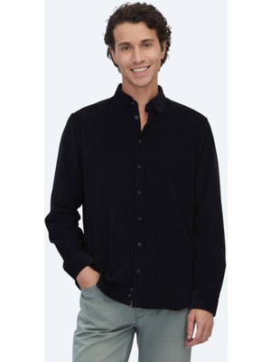 Kip Siyah Çizgili Regular Fit Dokuma Kadife Casual %100 Pamuk Gömlek