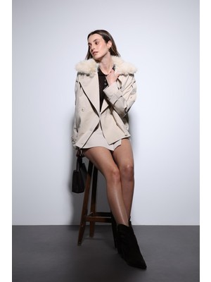 Antioch Bej Suni Kürklü Kısa Kadın Trençkot