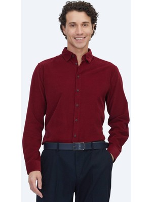 Kip Kırmızı Çizgili Regular Fit Dokuma Kadife Casual %100 Pamuk Gömlek