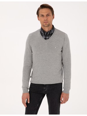 Pierre Cardin Erkek Açık Gri Melanj Slim Fit V Yaka Basic Triko Kazak 50314190-VR091
