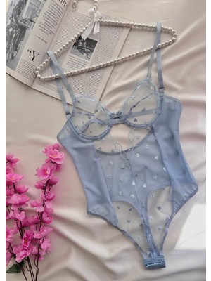 Nivolia Douce Kalp Işlemeli Mavi Tül Bodysuit