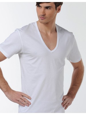 Çift Kaplan Erkek Derin V Yaka Beyaz T-Shirt 0936