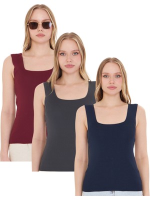 Kadın Kolsuz Kalın Askılı Ince Yazlık Kare Yaka Triko Atlet 3'lü Set