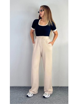 Kadın Likralı Cırt Kapama Bej Geniş Paçalı Rahat Palazzo Pantolon