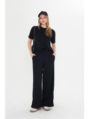 Siyah Kadın Modal Kumaş Kısa Kolu Eşofman Takımı