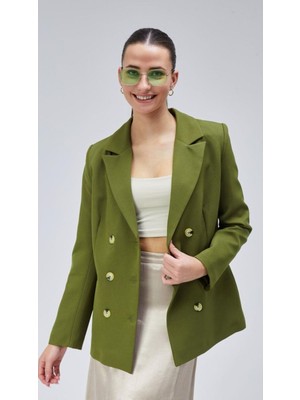 Yeşil Oversize Astarlı Kruvaze Blazer Kadın Ceket