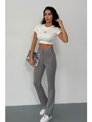 Krep Kumaş Likralı Önü Çimalı Gri Kadın Palazzo Pantolon