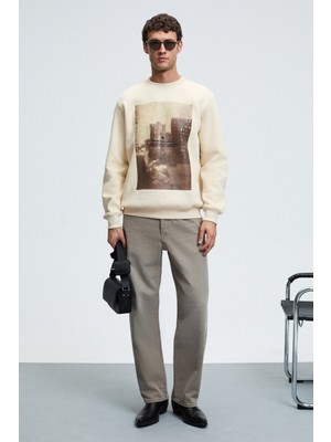 Grimelange ALARIC Erkek Yuvarlak Yaka Önü Baskılı Regular Fit Ekru Sweatshirt