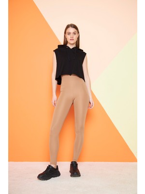 Camel Yüksek Bel Sıkılaştırıcı Toparlayıcı Dalgıç Kumaş Spor Günlük Tayt