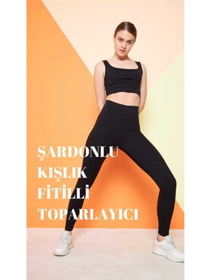 Siyah Yüksek Bel Fitilli Toparlayıcı Interlok Örme Şardonlu Spor Kışlık Tayt