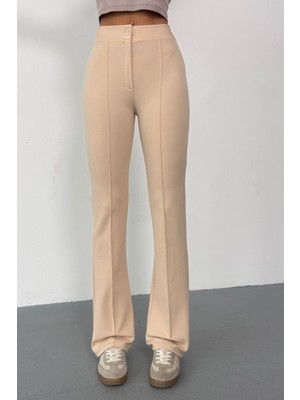 Krep Kumaş Likralı Önü Çimalı Bej Kadın Palazzo Pantolon