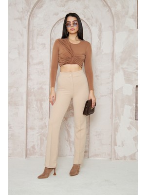Likralı Bej Kadın Palazzo Pantolon