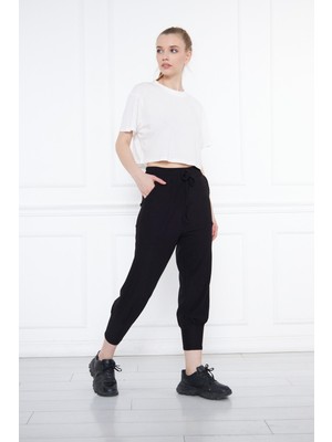 Siyah Lastikli Cepli Bağcıklı Salaş Rahat Örme Bürümcük Kadın Pantolon