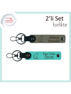 Miawiki Patilerle Dolu Yaşamlara, Kedili Hediye, Kişisel Yazılı 2’li Deri Anahtarlık, Kül Gri-Turkuaz