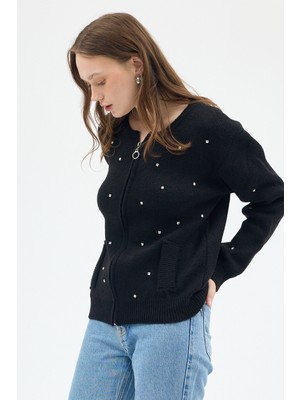 Rays Siyah Kadın Fermuarlı Taş Detaylı Triko Hırka 6405