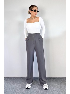 Kadın Likralı Cırt Kapama Gri Geniş Paçalı Rahat Palazzo Pantolon