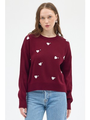 Rays Bordo Kalp Desenli Örme Kadın Kazak 7120