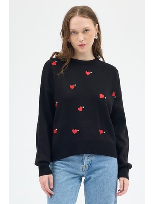 Rays Siyah Kalp Desenli Örme Kadın Kazak 7120