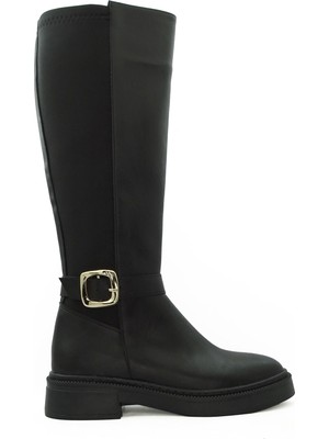 Letao Siyah  Fermuarlı Toka Detaylı Esnek Dalgıç Kumaş Dizaltı Kadın Çizme