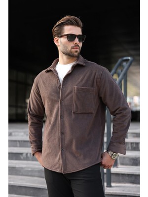 Madmext Kahverengi Düğmeli Kadife Erkek Gömlek E6766