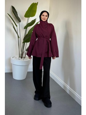 Merven Akyüz Marivelle Dik Yaka Trençkot Bordo