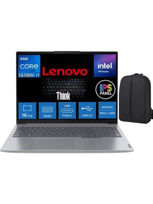 Lenovo Thinkbook 16 Intel Core I7-13700H 16GB Ddd5 512GB SSD WINDOWS11 Pro  16" IPS (1920X1200) Wuxga 300NIT Taşınabilir Bilgisayar & Cimete Çanta