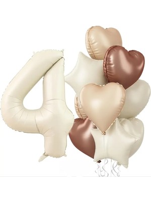 Sinda Doğum Günü Partisi - Krem Rengi - Rakam ,kalpli ve Yıldızlı Folyo Balon Konsept Seti