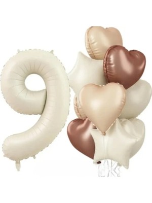 Sinda Doğum Günü Partisi - Krem Rengi - Rakam ,kalpli ve Yıldızlı Folyo Balon Konsept Seti