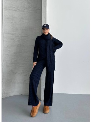 Zf Butik Kahve Atkılı Saç Örgülü Triko Pantolon Takım