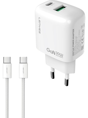 Lenyes LCH93-TC-TC Type-C To Type-C Gan Teknolojili Pd ve USB Hızlı Şarjlı Şarj Seti 30W Beyaz