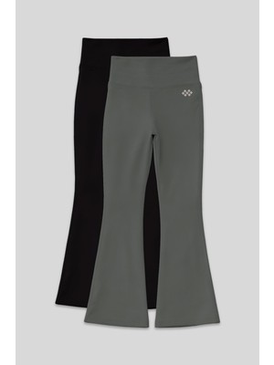 Esnek Performans Ispanyol Paça 2li Paket Siyah-Haki Kız Çocuk Tayt - 75193