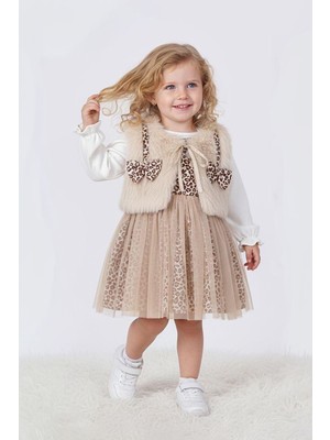 Miniğimin Cicileri Kürklü Fiyonk Detaylı Leopar Tüllü Premium Kız Bebe elbise takım- Bej