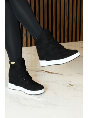 Erkan Saçmacı Talvi Siyah Süet Yuvarlak Burun Cırt Cırtlı Gizli Dolgu Topuklu Günlük Bot