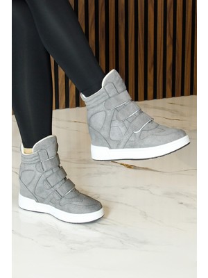 Erkan Saçmacı Talvi Gri Süet Yuvarlak Burun Cırt Cırtlı Gizli Dolgu Topuklu Günlük Bot