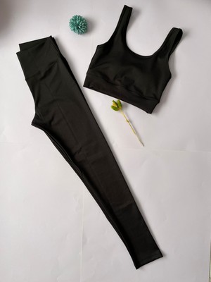 Veloure Kadın Spor Tayt Pedli Crop Büstiyer Kalın Askılı Fitilli Dalgıç Alt Üst Takım 2 'li Kota Siyah Renk