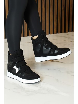 Erkan Saçmacı Talvi Siyah Beyaz Süet Yuvarlak Burun Cırt Cırtlı Gizli Dolgu Topuklu Günlük Bot